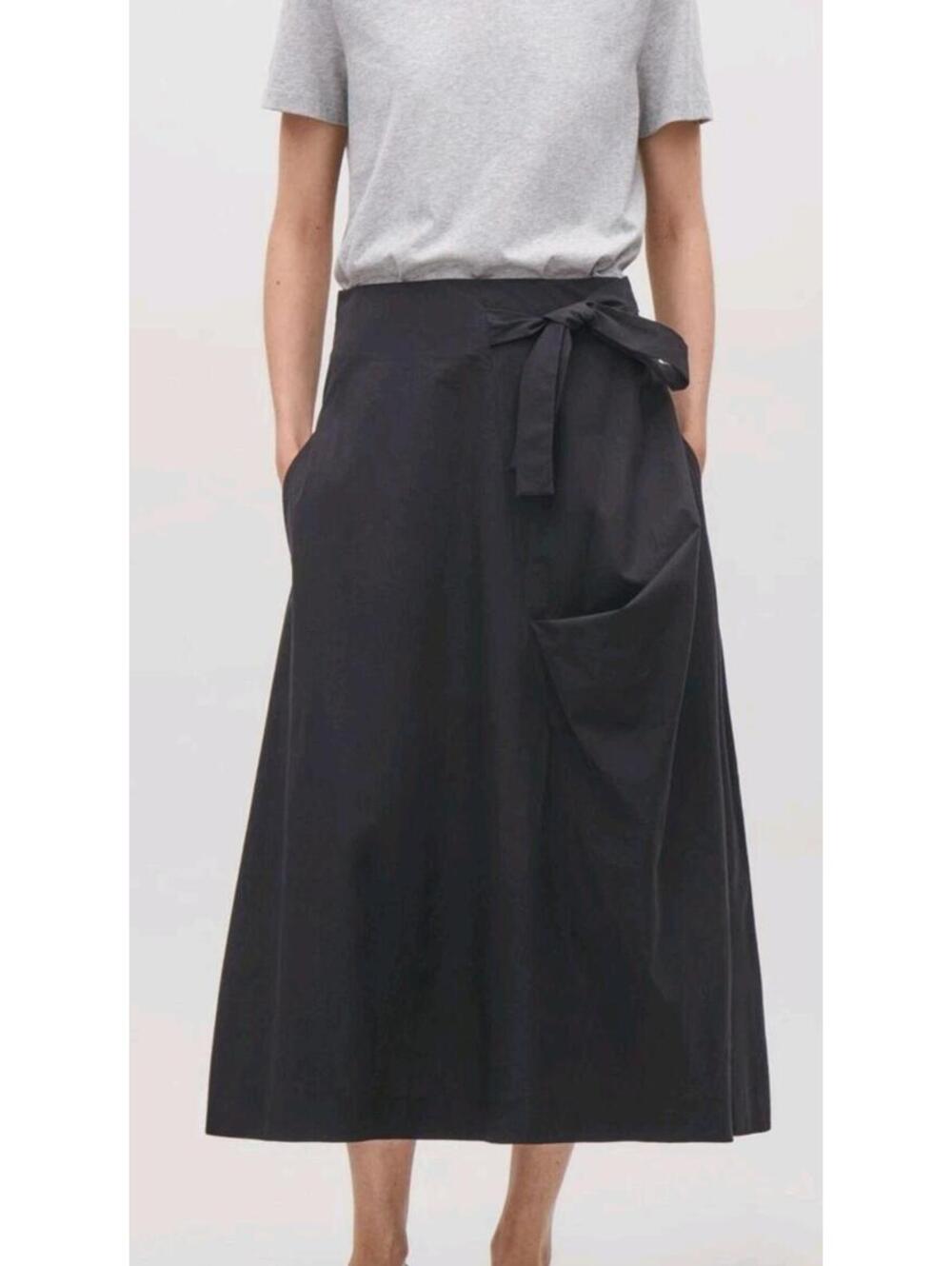 COS Women's Skirt Size 8 Voluminous Navy Cotton Blend Bow & Pockets #CB2